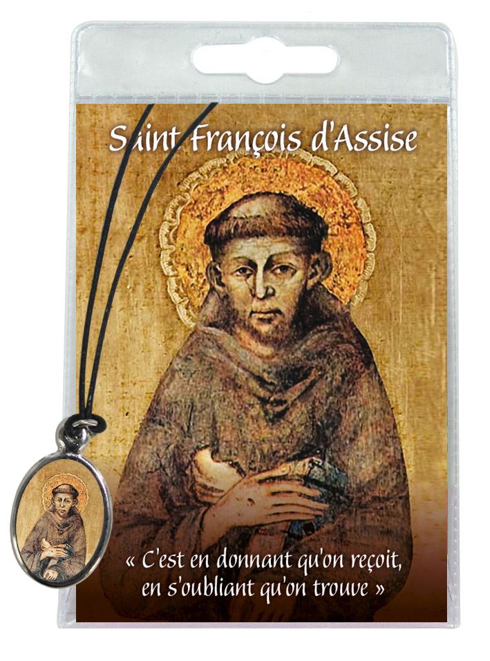 medaglia san francesco con laccio e preghiera in francese