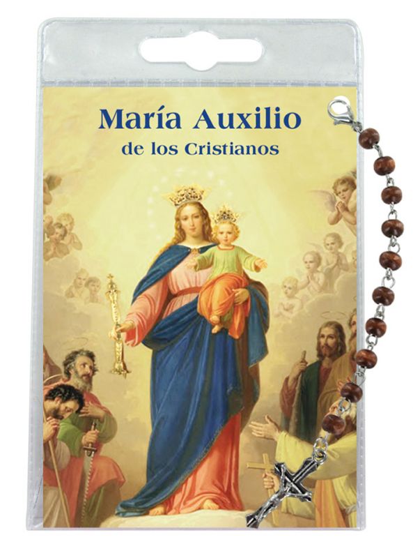 decina in legno con immagine della madonna ausiliatrice preghiera in spagnolo