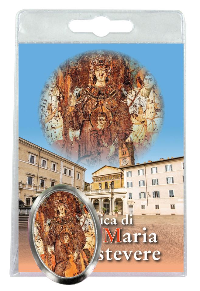 calamita madonna della basilica di santa maria in trastevere in metallo nichelato con preghiera in italiano