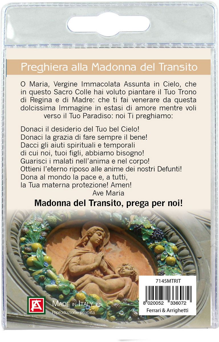 calamita madonna del transito in metallo nichelato con preghiera in italiano