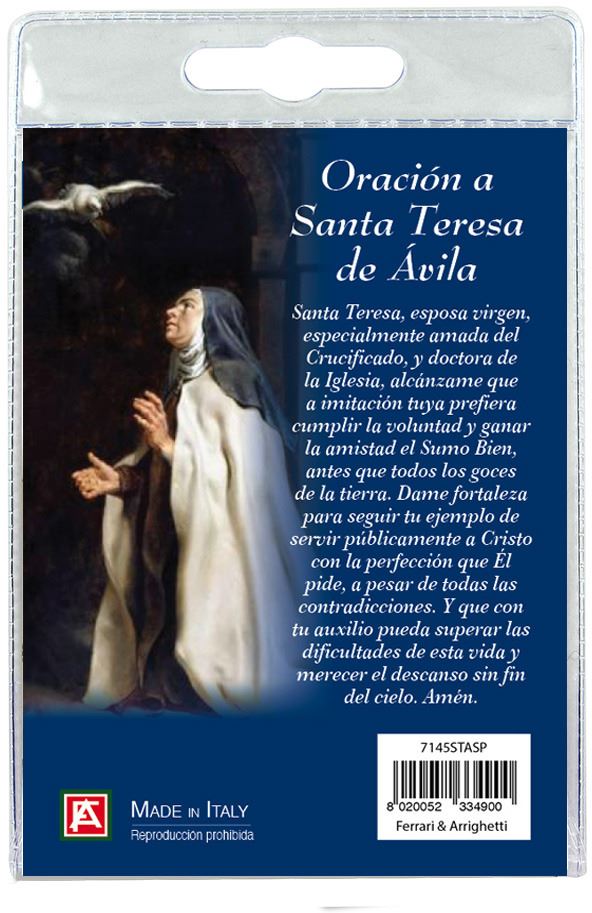 calamita santa teresa d'avila in metallo nichelato con preghiera in spagnolo