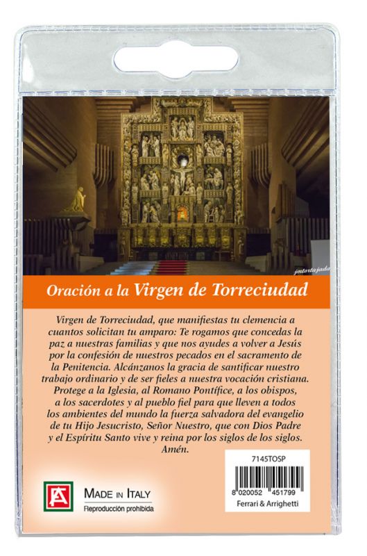 calamita santuario de torreciudad in metallo nichelato con preghiera in spagnolo