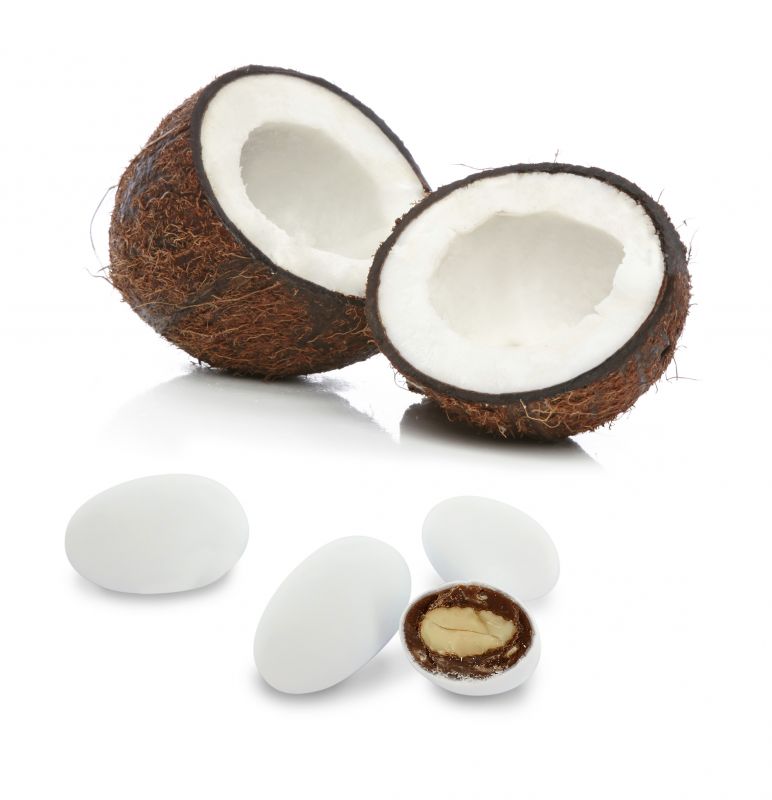 confetti con mandorla tostata ricoperta di cioccolato al latte e scaglie di cocco, bianchi - linea 