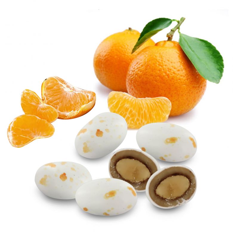 confetti con mandorla tostata ricoperta di cioccolato bianco al gusto mandarino, bianchi/arancione - linea 