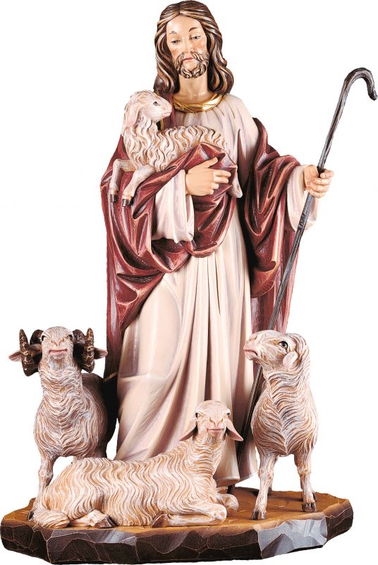 gesù buon pastore con pecore  - demetz - deur - statua in legno colorato. altezza pari a 80 cm.	