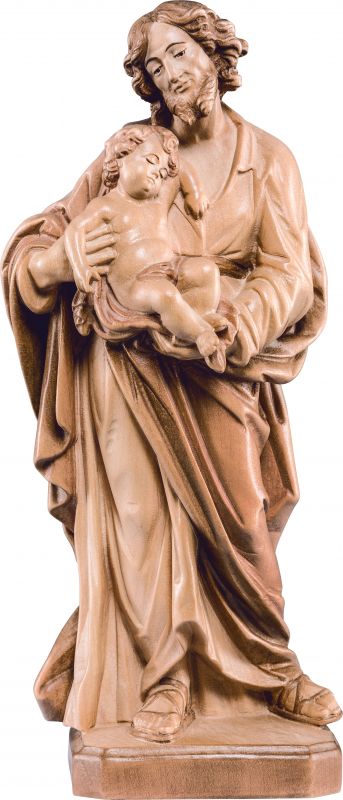 Statua di san giuseppe con gesù bambino in legno tiglio 3 toni marrone  linea da 90 cm - demetz deur Presepe scolpito Val Gardena