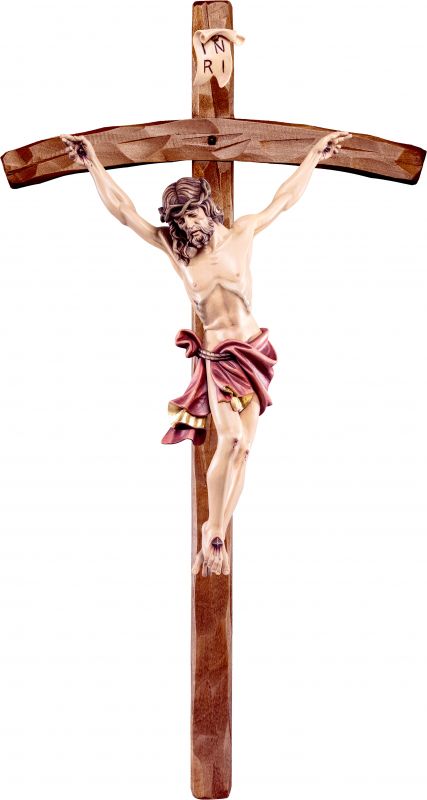 crocifisso cristo delle alpi rosso con croce pastorale - demetz - deur - statua in legno dipinta a mano. altezza pari a 40 cm.