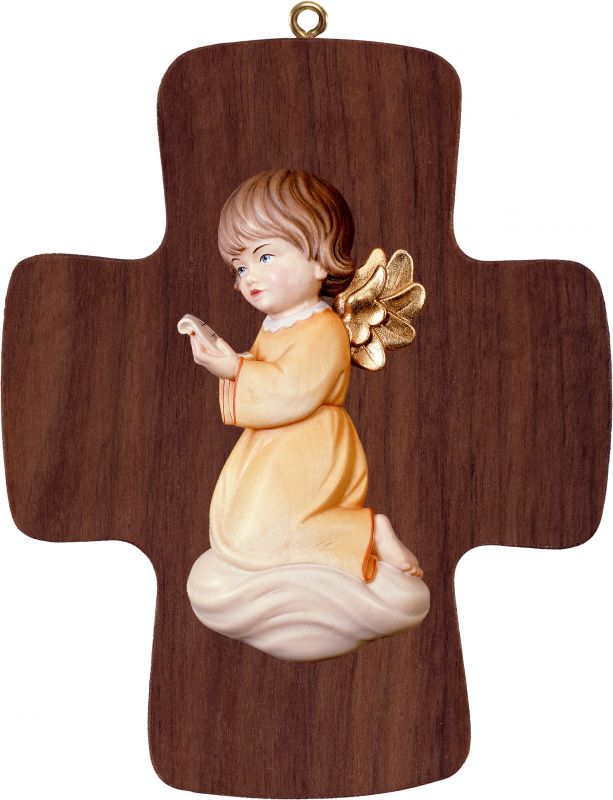 croce con angelo pitti che canta - demetz - deur - statua in legno dipinta a mano. altezza pari a 16 cm.