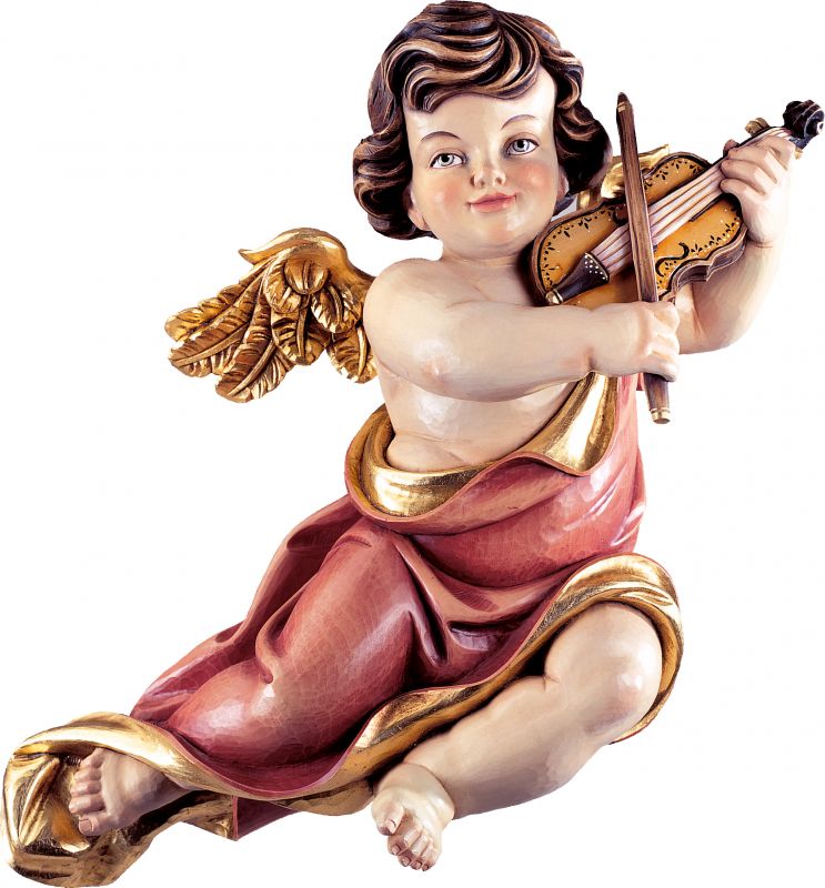 putto mariano con violino - demetz - deur - statua in legno dipinta a mano. altezza pari a 22 cm.