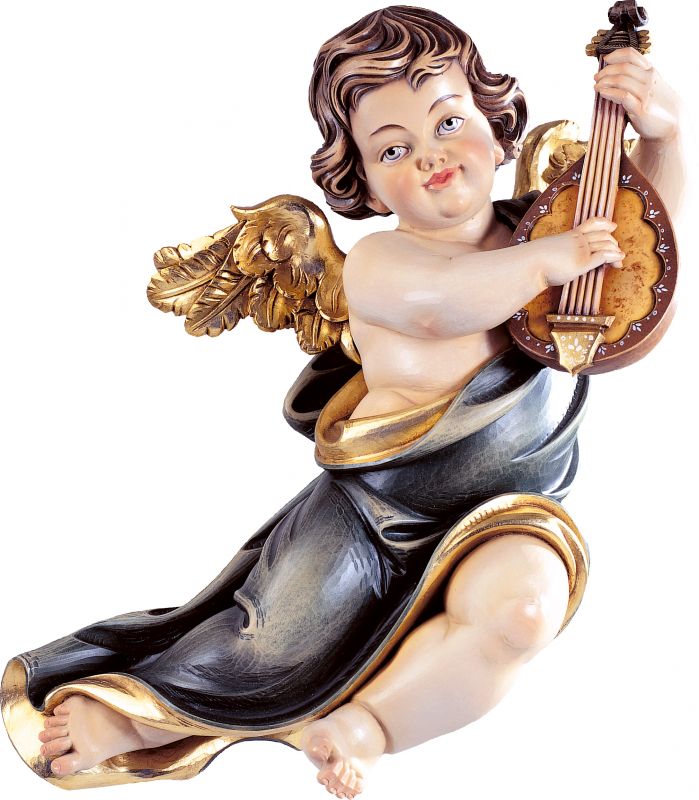 putto mariano con mandolino - demetz - deur - statua in legno dipinta a mano. altezza pari a 35 cm.