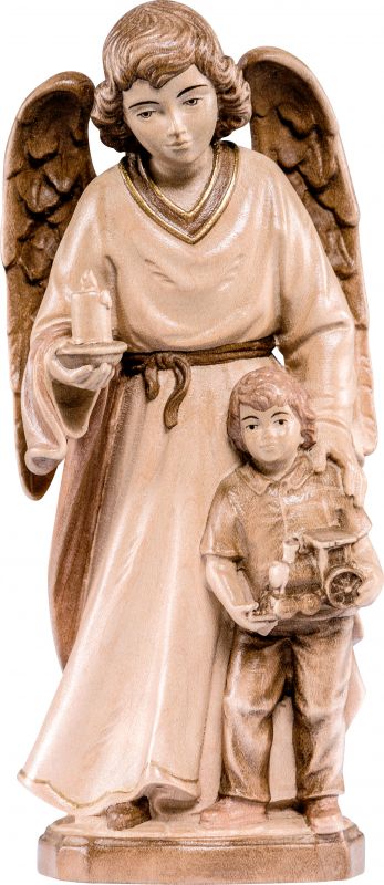 angelo custode con bambino - demetz - deur - statua in legno dipinta a mano. altezza pari a 15 cm.