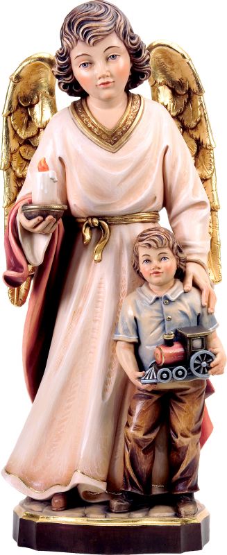 angelo custode con bambino - demetz - deur - statua in legno dipinta a mano. altezza pari a 15 cm.