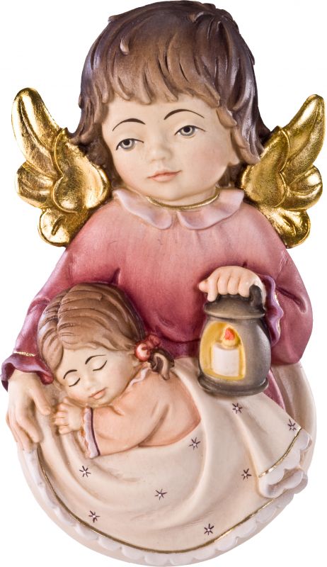 angelo custode pensile con bambina - demetz - deur - statua in legno dipinta a mano. altezza pari a 20 cm.
