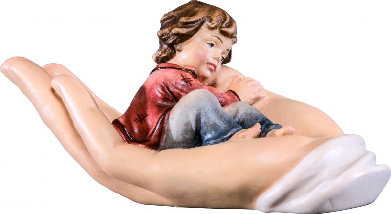 mano protettrice distesa con bambino - demetz - deur - statua in legno dipinta a mano. altezza pari a 7 cm.