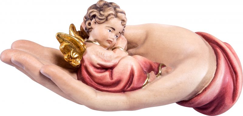 mano protettrice distesa con angelo rosso - demetz - deur - statua in legno dipinta a mano. altezza pari a 14 cm.
