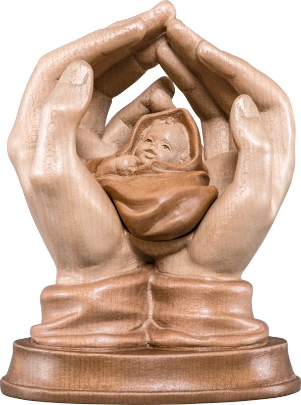 mani protettrici con neonato - demetz - deur - statua in legno dipinta a mano. altezza pari a 11 cm.