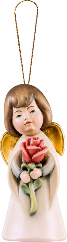 angelo sognatore con rosa da appendere - demetz - deur - statua in legno dipinta a mano. altezza pari a 5 cm.
