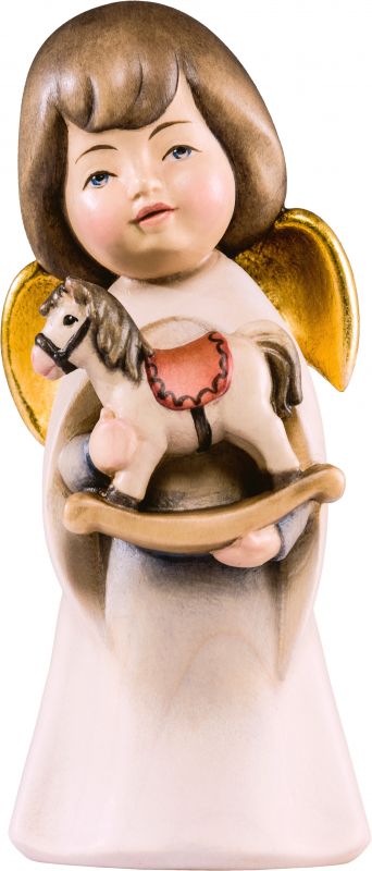 statuina dell'angioletto con cavallo giocattolo, linea da 6 cm, in legno dipinto a mano, collezione angeli sognatori - demetz deur