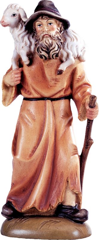 pastore con pecora in spalla b.k. - demetz - deur - statua in legno dipinta a mano. altezza pari a 18 cm.