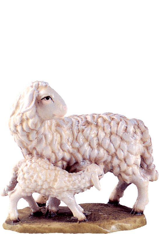 pecora con agnello b.k. - demetz - deur - statua in legno dipinta a mano. altezza pari a 7 cm.