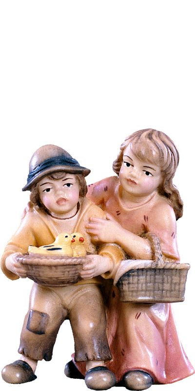 coppia di bambini h.k. - demetz - deur - statua in legno dipinta a mano. altezza pari a 15 cm.