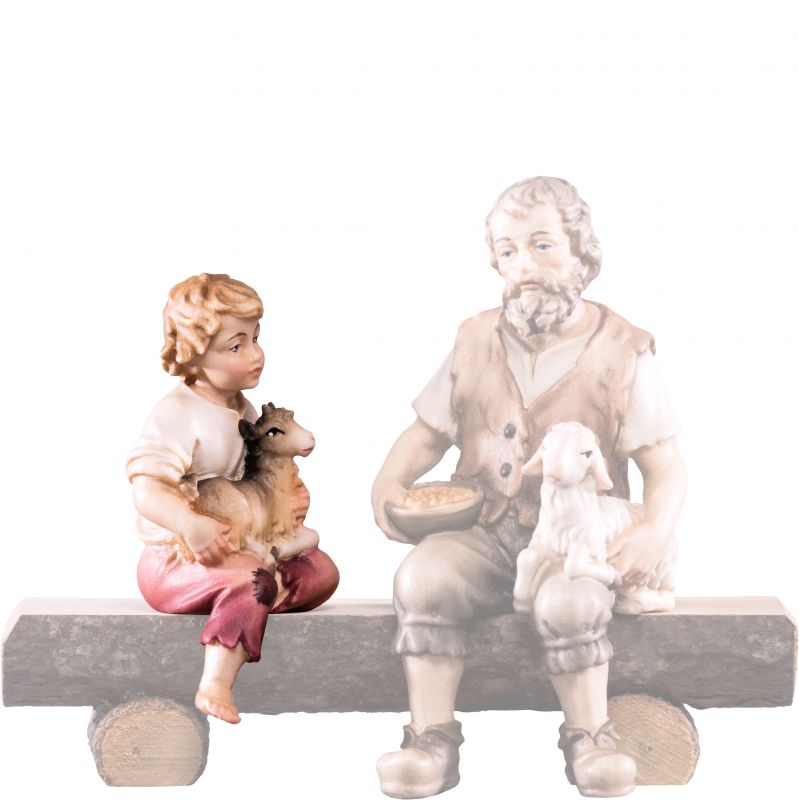 fanciullo seduto con capretto h.k. - demetz - deur - statua in legno dipinta a mano. altezza pari a 15 cm.