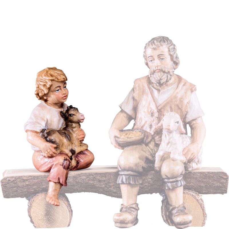 fanciullo seduto con capretto r.k. - demetz - deur - statua in legno dipinta a mano. altezza pari a 15 cm.