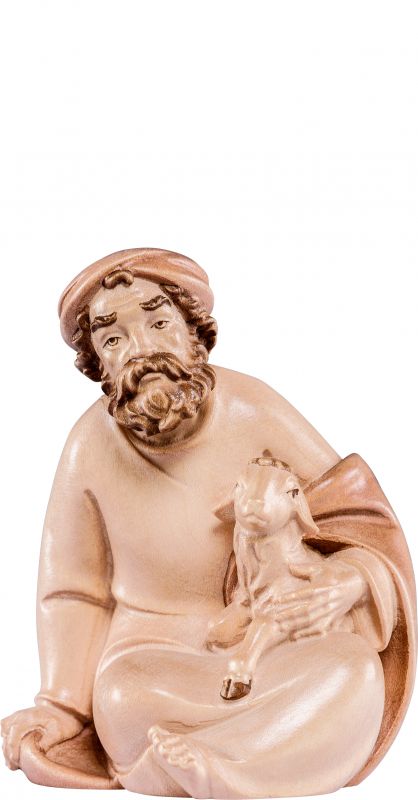 pastore seduto con agnello artis - demetz - deur - statua in legno dipinta a mano. altezza pari a 60 cm.