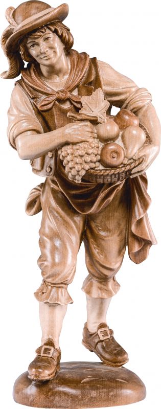 ragazzo con frutta - demetz - deur - statua in legno dipinta a mano. altezza pari a 15 cm.