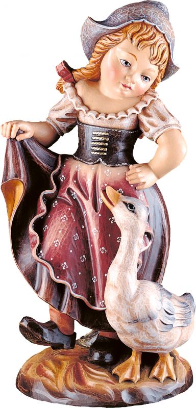 lisa con le oche - demetz - deur - statua in legno dipinta a mano. altezza pari a 25 cm.